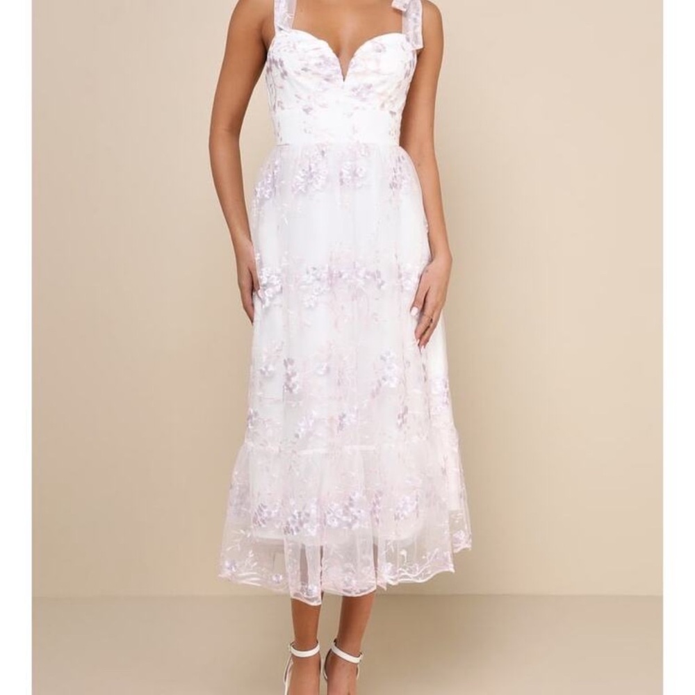 Lulu's White Midi Dress with Pale Pink Floral Lace